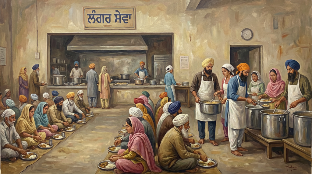 Volunteers serving food in a Gurdwara Langar hall.