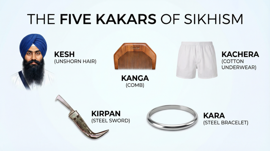 The Five K's of Sikhism - Kesh, Kanga, Kara, Kachera, and Kirpan displayed together.