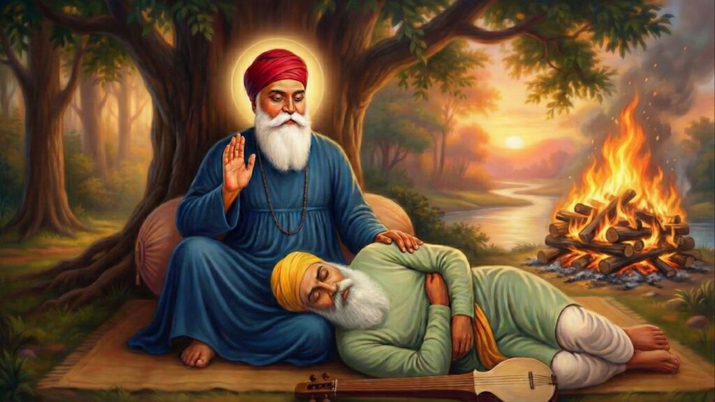 Bhai Mardana Ji playing Rabab with Guru Nanak Dev Ji in a serene landscape