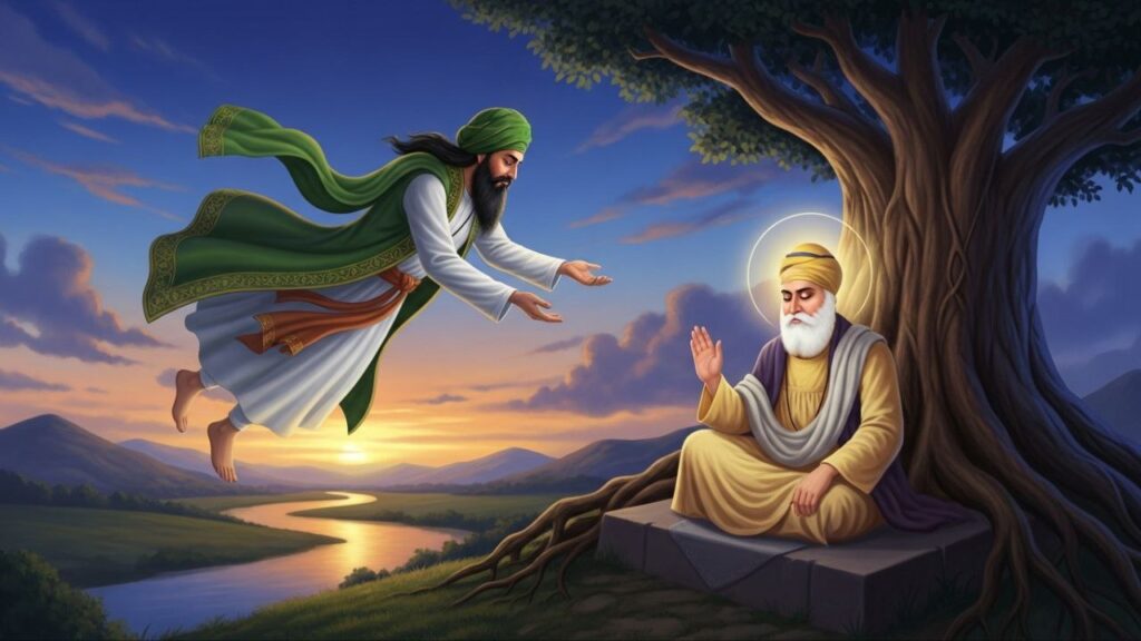 Guru Nanak Dev Ji sitting by the seashore with a humble Fakir