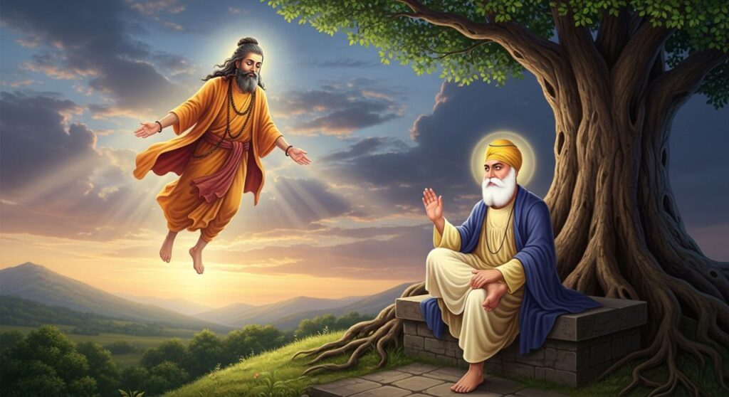 Guru Nanak Dev Ji engaged in spiritual discourse with Siddhs on a mountain