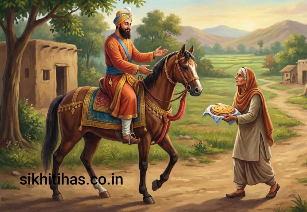 Guru Hargobind Sahib Ji on a horse meeting an elderly woman on a path