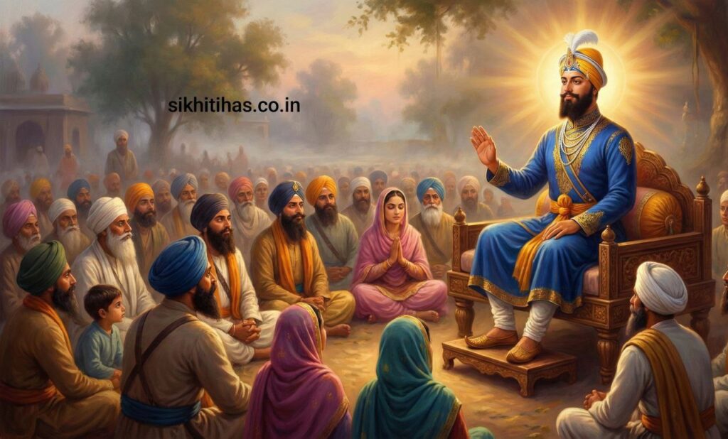 Illustration of Guru Gobind Singh Ji addressing a congregation.