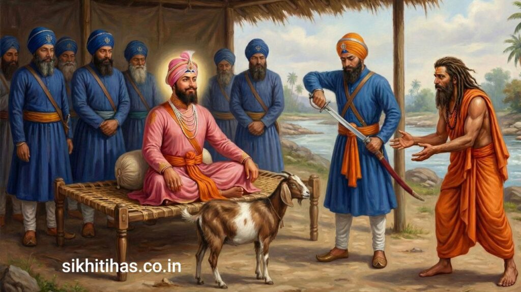 Historical depiction of Baba Banda Singh Bahadur holding a Nishan Sahib and a sword.