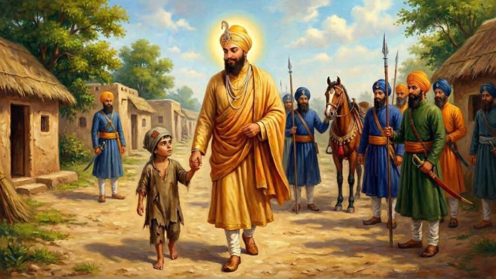 An artistic illustration of Guru Hargobind Sahib Ji walking hand-in-hand with a young devotee.