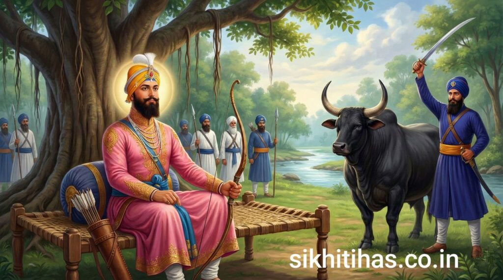 An artistic depiction of Guru Gobind Singh Ji with his Sikhs and the buffalo in the Bathinda fort.