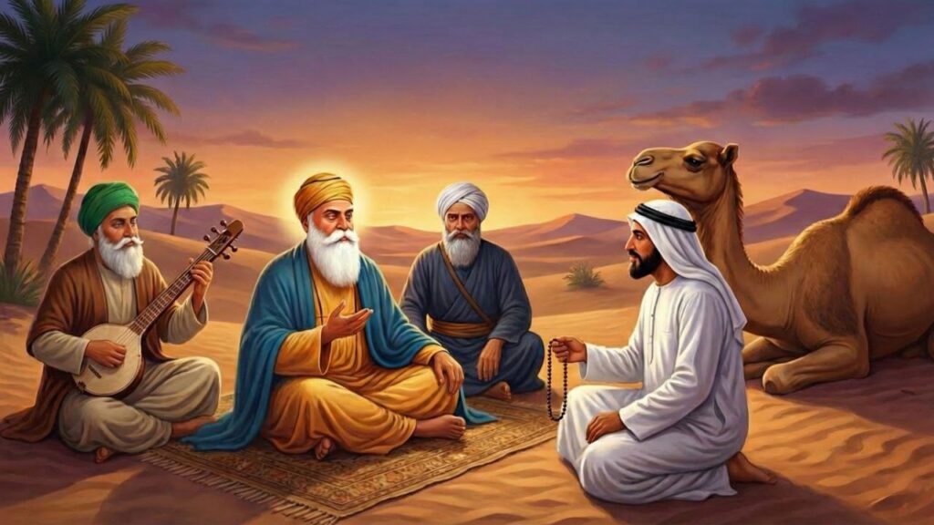 Guru Nanak Dev Ji teaching Malo Sheikh about religious equality and good deeds.
