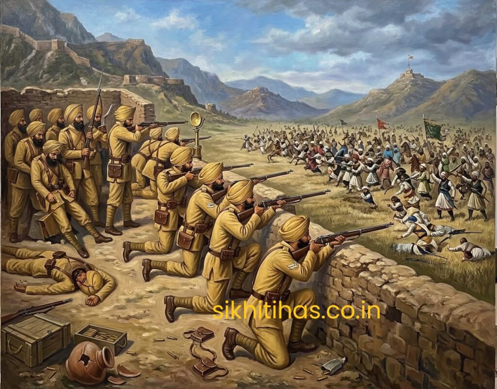 21 Sikh soldiers defending Saragarhi post against Afghan tribesmen.